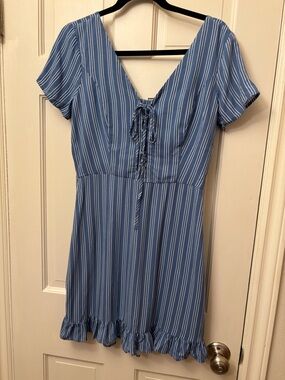 Hollister Blue and White Striped Lace-Up Ruffle Mini Dress Size M